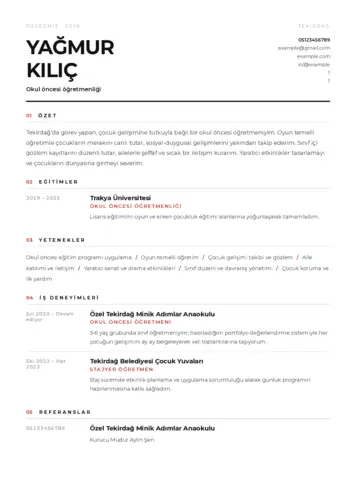 Okul Öncesi Öğretmeni Öğretmenliği Cv Örnekleri cv indir
